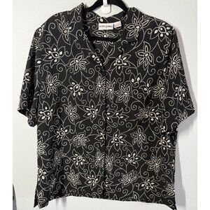 Alfred Dunner Womens Button Up Top Sz 18 Black/White Floral Print Short Sleeve
